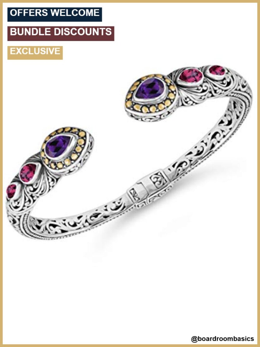 Sterling Silver 925 18K Gold Gemstone Bali Filigree Cuff Bracelet